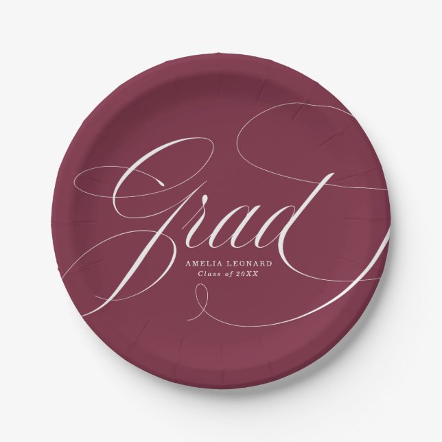 Elegant Grad Calligraphy Script Maroon Graduation Paper Plate (Front)