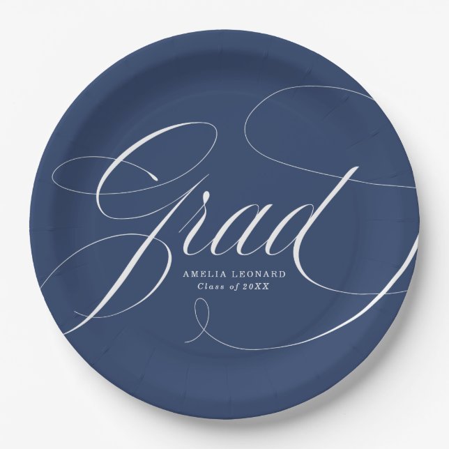 Elegant Grad Calligraphy Script Navy Graduation Paper Plate (Front)