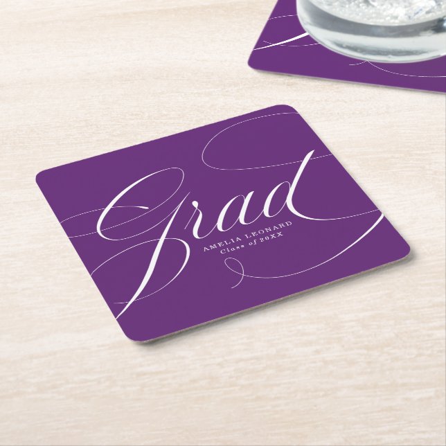 Elegant Grad Calligraphy Script Purple Graduation Square Paper Coaster (Angled)