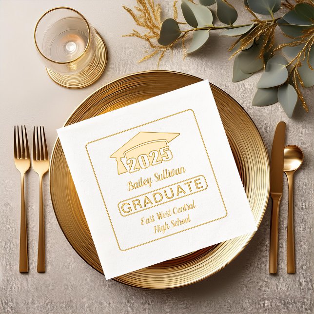 Elegant Grad Cap 2025 Graduate  Foil Napkins (Elegant "GRADUATE" Grad Cap "2025" Name and School Graduation Paper Stamped Gold Foil Napkins)