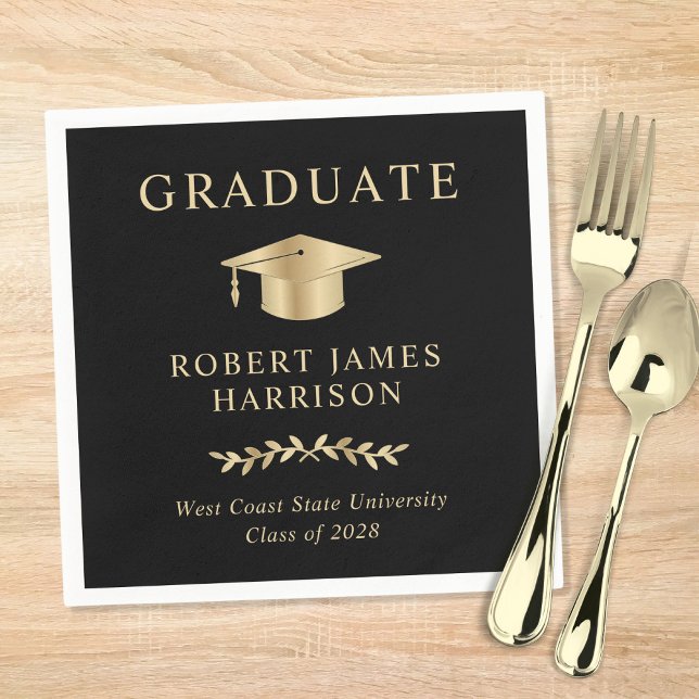 Elegant Grad Cap Black Gold Graduation Party Napkin (Creator Uploaded)
