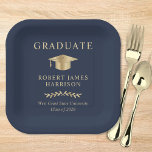 Elegant Grad Cap Blue Gold Graduation Party Paper Plate<br><div class="desc">Elegant dark blue graduation party paper plates featuring a gold grad cap,  "Graduate" and the graduate's name,  school and class year in classic serif typography.</div>