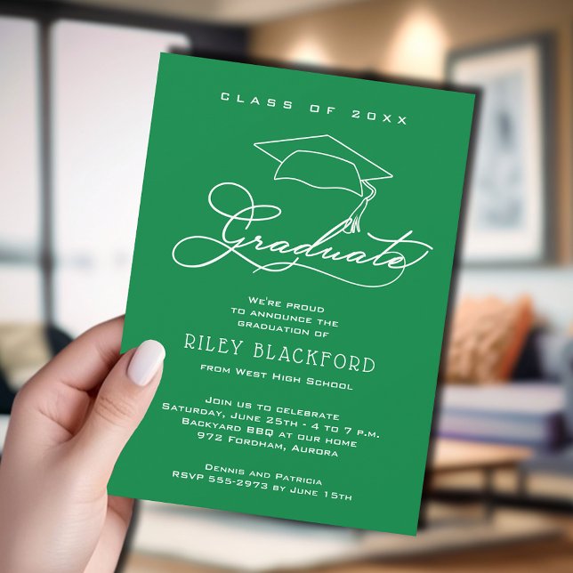 Elegant Grad Cap Bright Green Graduation Announcement (Green graduation announcement cards feature your details in chic white lettering.)