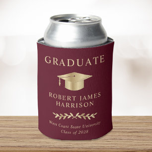 Elegant Grad Cap Burgundy Gold Graduation Party Can Cooler
