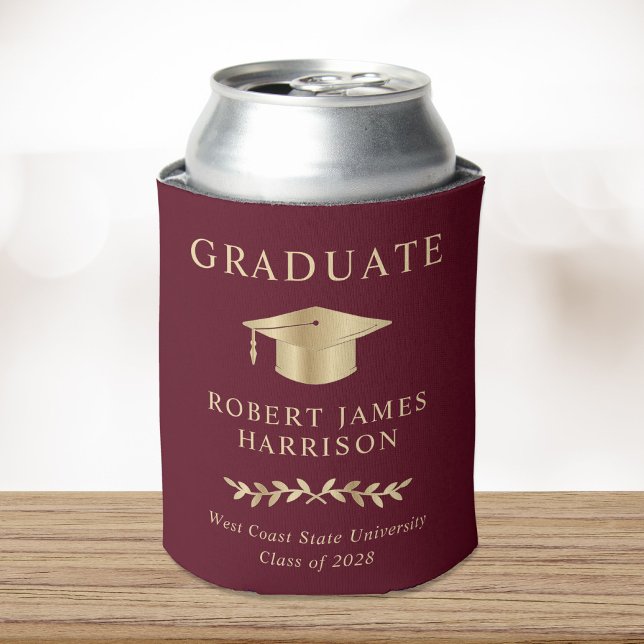 Elegant Grad Cap Burgundy Gold Graduation Party Can Cooler (Creator Uploaded)
