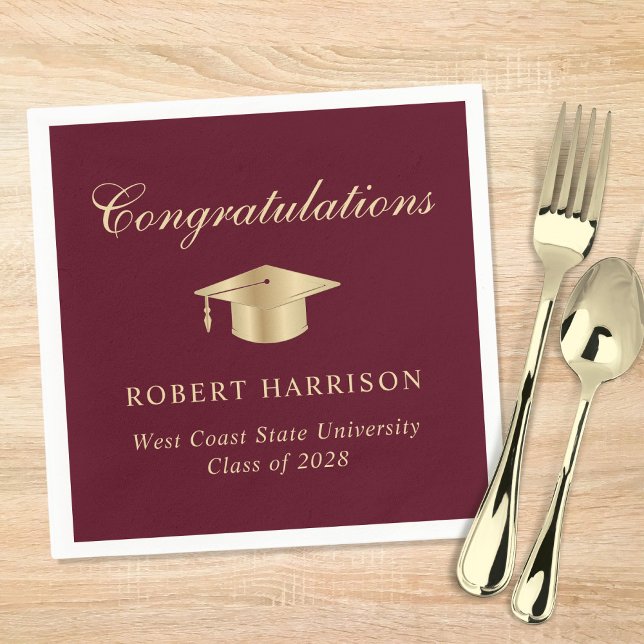 Elegant Grad Cap Burgundy Gold Graduation Party Napkin (Creator Uploaded)