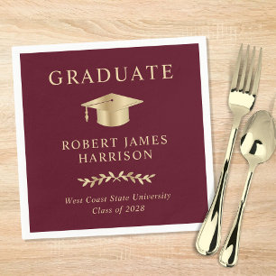 Elegant Grad Cap Burgundy Gold Graduation Party Napkin