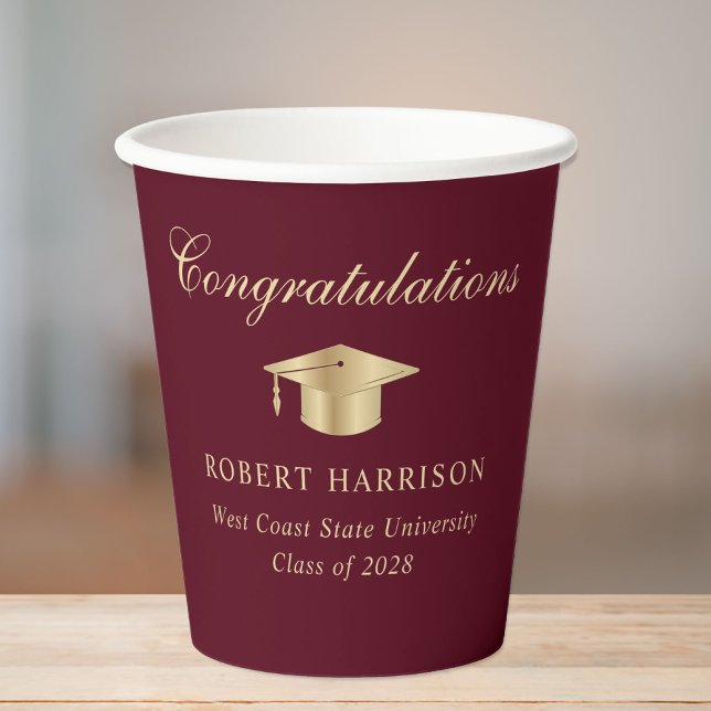 Elegant Grad Cap Burgundy Gold Graduation Party Paper Cups (Creator Uploaded)