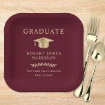 Elegant Grad Cap Burgundy Gold Graduation Party Paper Plate<br><div class="desc">Elegant burgundy red graduation party paper plates featuring a gold grad cap,  "Graduate" and the graduate's name,  school and class year in classic serif typography.</div>