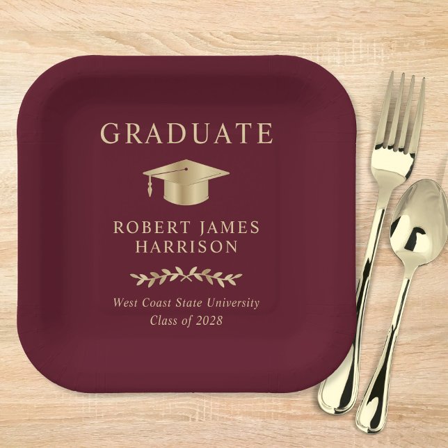 Elegant Grad Cap Burgundy Gold Graduation Party Paper Plate (Creator Uploaded)