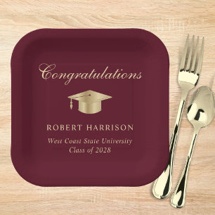 Elegant Grad Cap Burgundy Gold Graduation Party Paper Plate