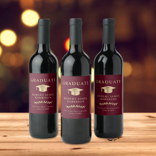 Elegant Grad Cap Burgundy Gold Graduation Party Wine Label