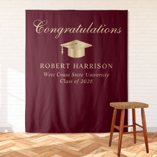 Elegant Grad Cap Burgundy Gold Graduation Welcome Tapestry