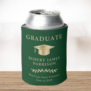 Elegant Grad Cap Green Gold Graduation Party Can Cooler
