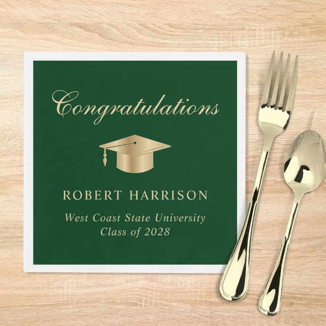 Elegant Grad Cap Green Gold Graduation Party Napkin (Creator Uploaded)