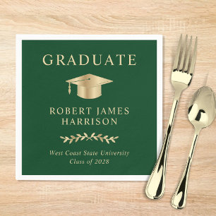 Elegant Grad Cap Green Gold Graduation Party Napkin
