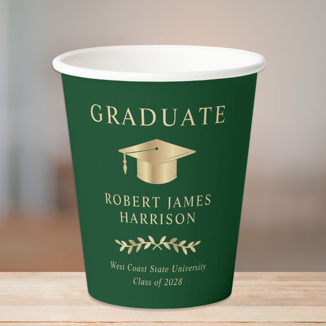 Elegant Grad Cap Green Gold Graduation Party Paper Cups (Creator Uploaded)