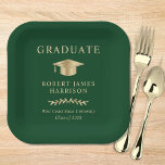 Elegant Grad Cap Green Gold Graduation Party Paper Plate<br><div class="desc">Elegant green graduation party paper plates featuring a gold grad cap,  "Graduate" and the graduate's name,  school and class year in classic serif typography.</div>