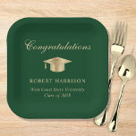 Elegant Grad Cap Green Gold Graduation Party Paper Plate<br><div class="desc">Elegant green graduation party paper plates featuring a gold grad cap,  "Congratulations" in a classic script and the graduate's name,  school and class year in modern typography.</div>