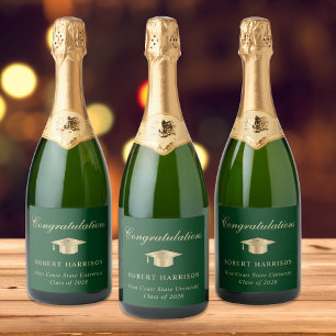 Elegant Grad Cap Green Gold Graduation Party Sparkling Wine Label