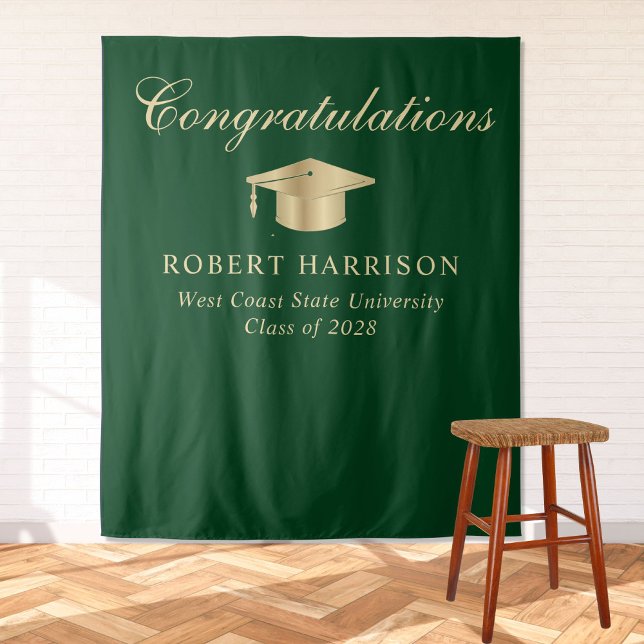 Elegant Grad Cap Green Gold Graduation Welcome Tapestry (Creator Uploaded)