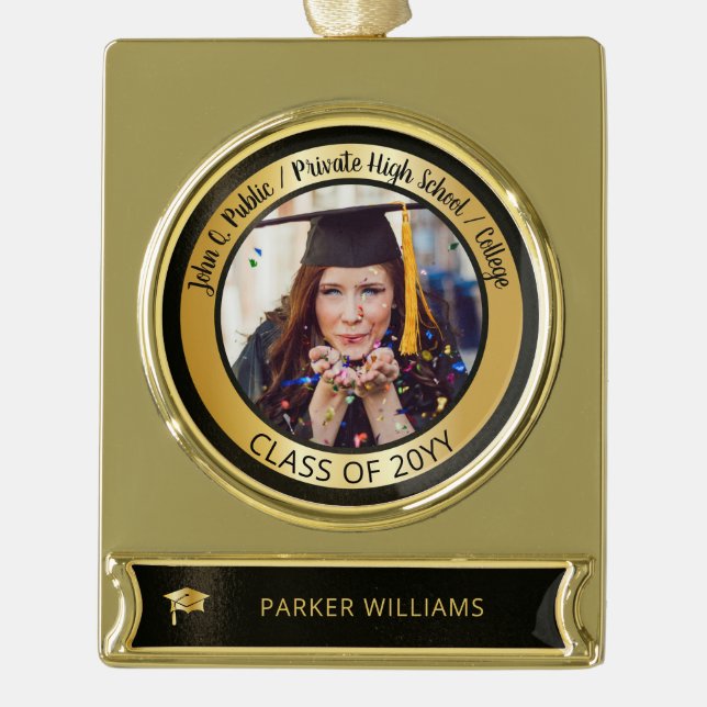 Elegant Grad Cap School Graduate Graduation Photo Gold Plated Banner Ornament (Front)