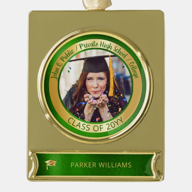 Elegant Grad Cap School Graduate Graduation Photo Gold Plated Banner Ornament (Front)