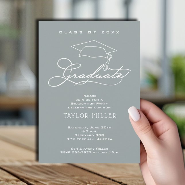 Elegant Grad Cap Silver Grey Graduation Invitation (Elegant white script and grad hat silver gray graduation party invitations)