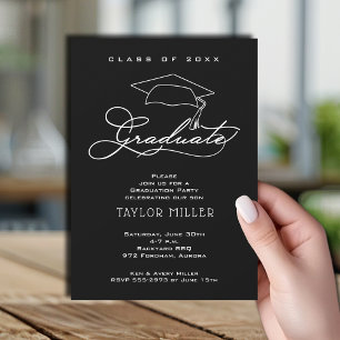 Elegant Grad Hat Black Graduation Invitation