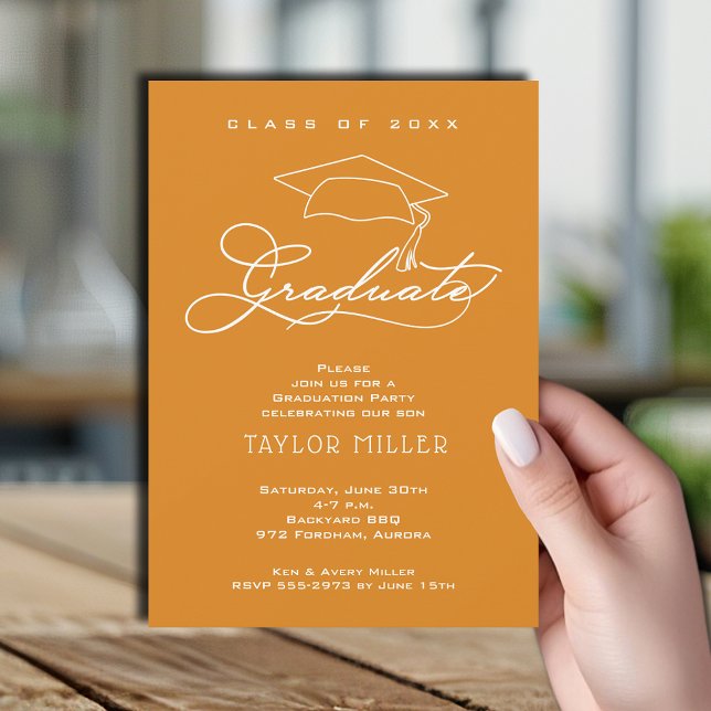 Elegant Grad Hat Light Orange Graduation Invitation (Elegant white script and grad hat light orange graduation party invitations)