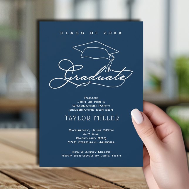 Elegant Grad Hat Navy Blue Graduation Invitation (Elegant White Script and Grad Hat Navy Blue Graduation Party Invitations)