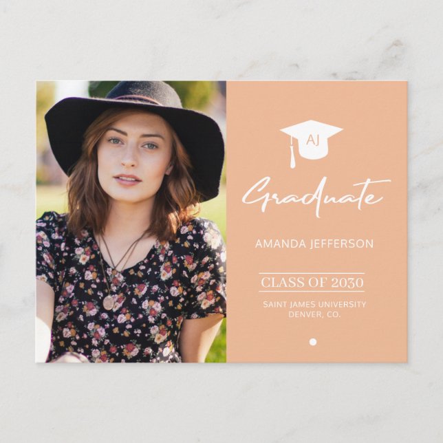 Elegant grad orange photo graduation invitation postcard (Front)