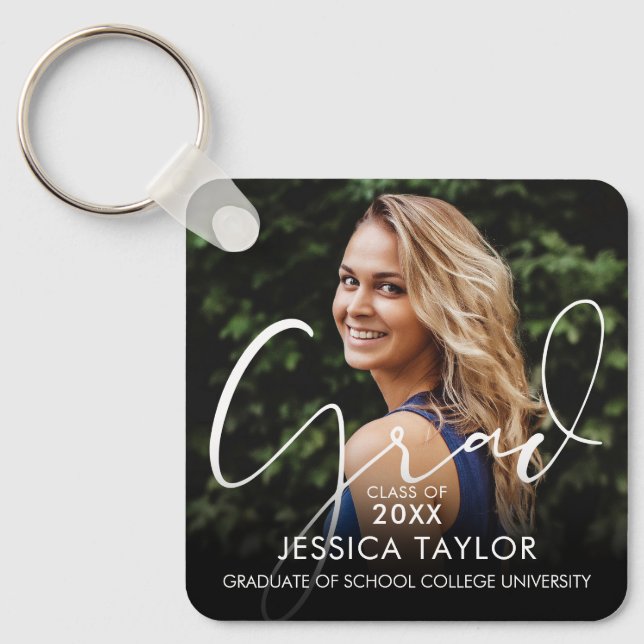 Elegant Grad Script Graduate Photo Key Ring (Front)