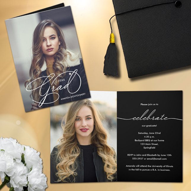 Elegant Grad Script Photo Graduation Folded Invitation (Elegant Grad Script Photo Graduation Folded Invitations)
