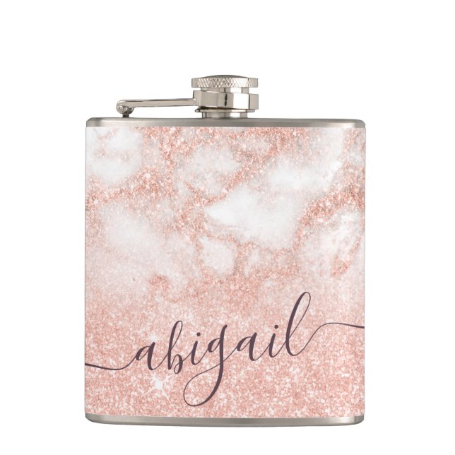 Elegant gradient copper rose gold glitter marble hip flask (Front)