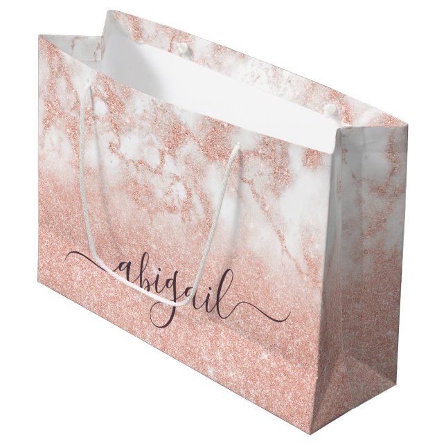 Elegant gradient copper rose gold glitter marble large gift bag (Front Angled)