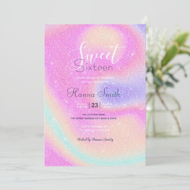 Elegant Gradient Glitter Swirl Holographic  Invitation (Standing Front)