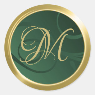 Elegant Gradient Swirls Monogram Green Gold Classic Round Sticker