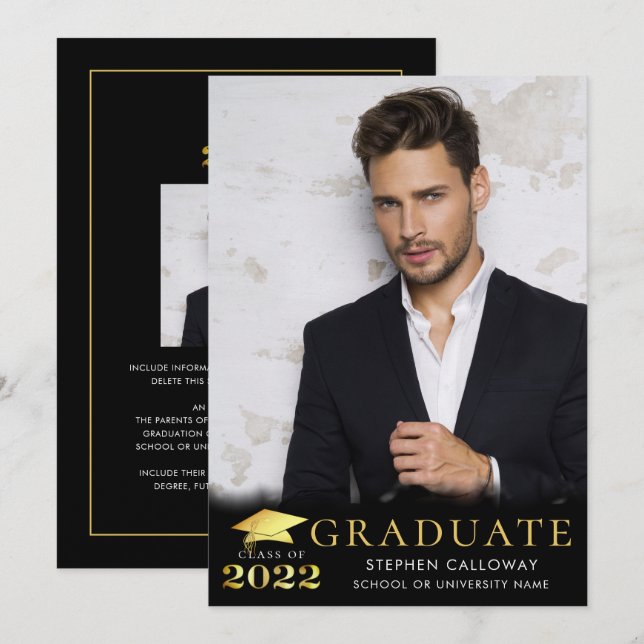 Elegant Graduate 2022 Black Gold Metallic 2 Photo Announcement (Front/Back)