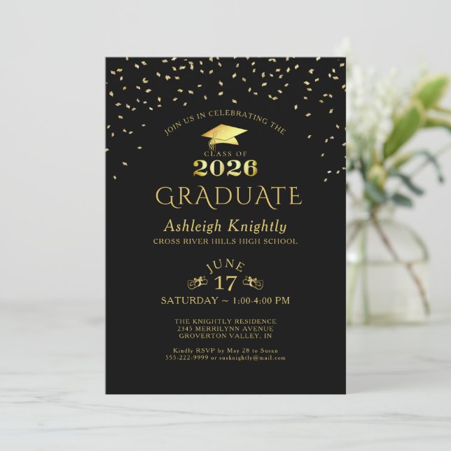 Elegant Graduate 2025 Black Gold Confetti Invitation (Standing Front)