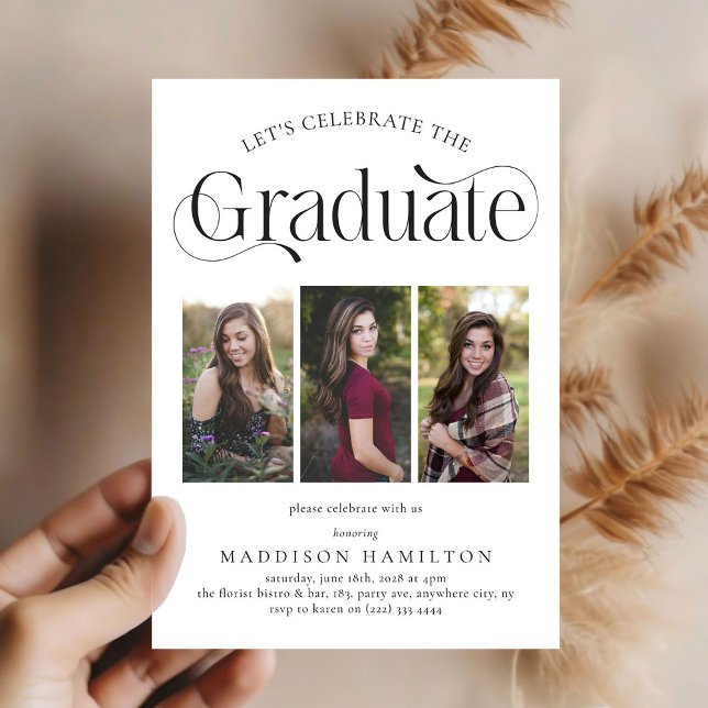 Elegant Graduate 3 photo collage Graduation Party  Invitation (Creator Uploaded)