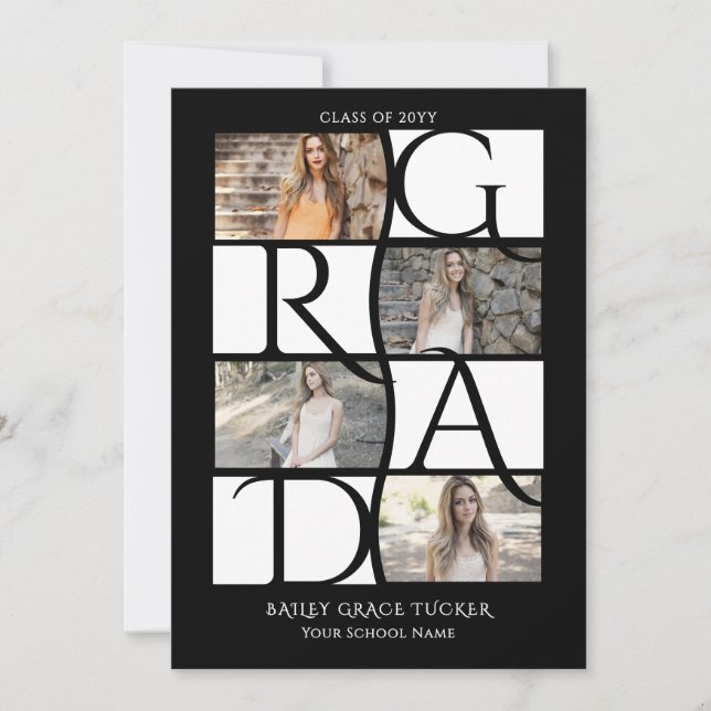 Elegant Graduate 5-Photo Black & White Graduation Announcement (Front)