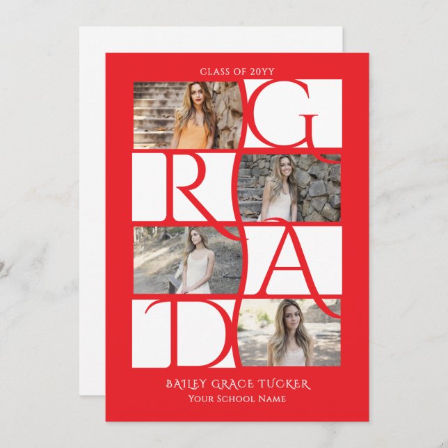Elegant Graduate 5-Photo Bright Red Graduation Announcement (Front/Back)