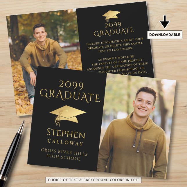 Elegant Graduate Black Faux Gold Cap 2 Photos  Announcement (Creator Uploaded)