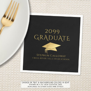 Elegant Graduate Black Faux Gold Foil Cap Name Napkin