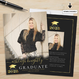 Elegant Graduate Black Gold Script 2 Photos Announcement
