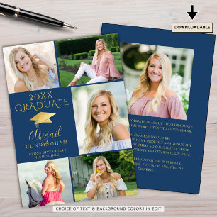 Elegant Graduate Blue and Gold 6 Photo Collage Announcement