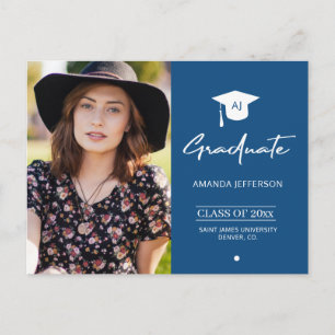 Elegant graduate blue photo graduation invitation postcard