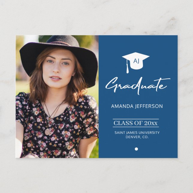Elegant graduate blue photo graduation invitation postcard (Front)