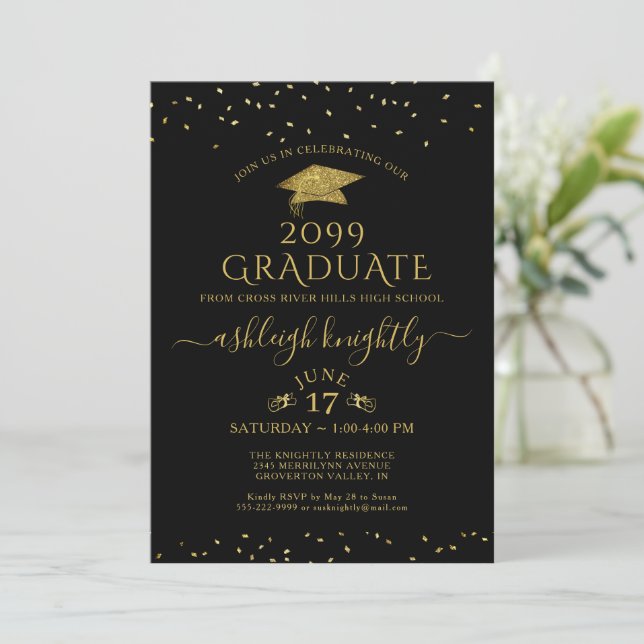 Elegant Graduate Gold Glitter Confetti Cap Black Invitation (Standing Front)